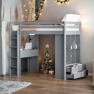 Twin Size Loft Bed with Large Shelves, Writing Desk and LED Light