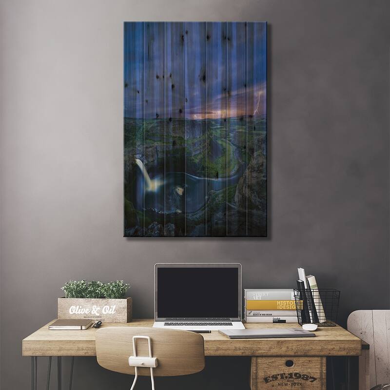 USA, Washington State. Palouse Falls at dusk with an approaching lightning storm Print On Wood by Gary Luhm - Multi-Color