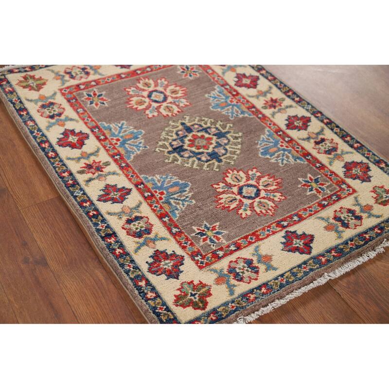 Hand Knotted Oriental 100% Wool Carpet Traditional Geometric Brown Kazak Area Rug - 2' 11'' X 2' 1''