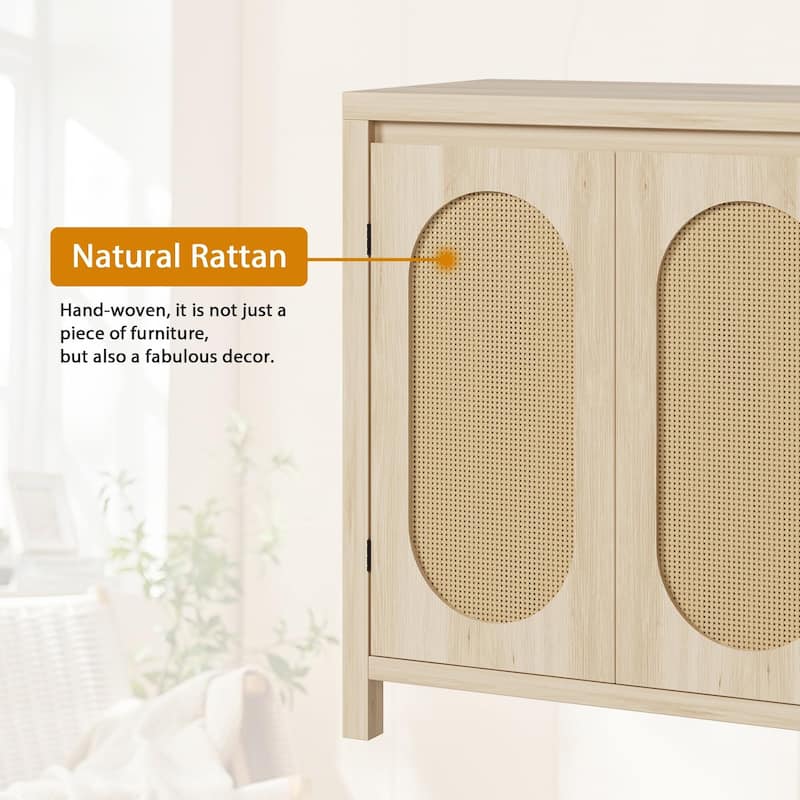 Rattan Storage Cabinet, Wooden Sideboard Buffet Cabinet with Doors and Shelves