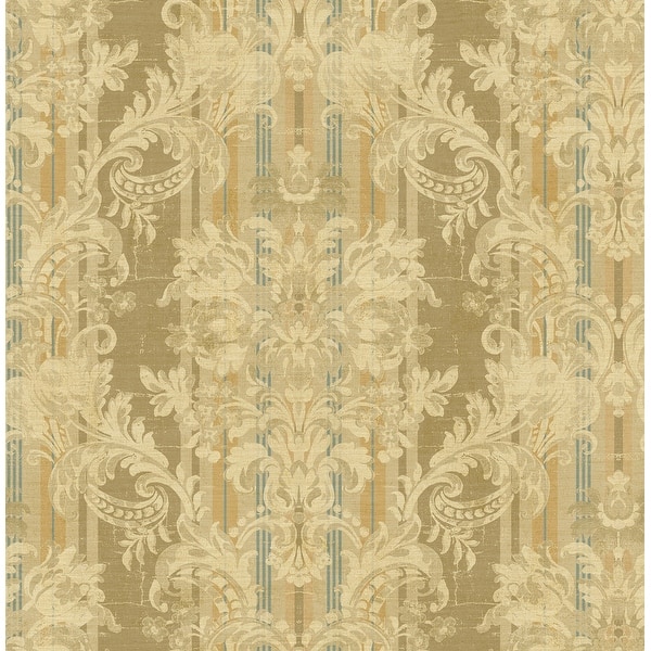 slide 2 of 8, Seabrook Designs Enora Striped Damask Unpasted Wallpaper 20.5 in. W x 33 ft. L - Metallic Khaki & Blue Green