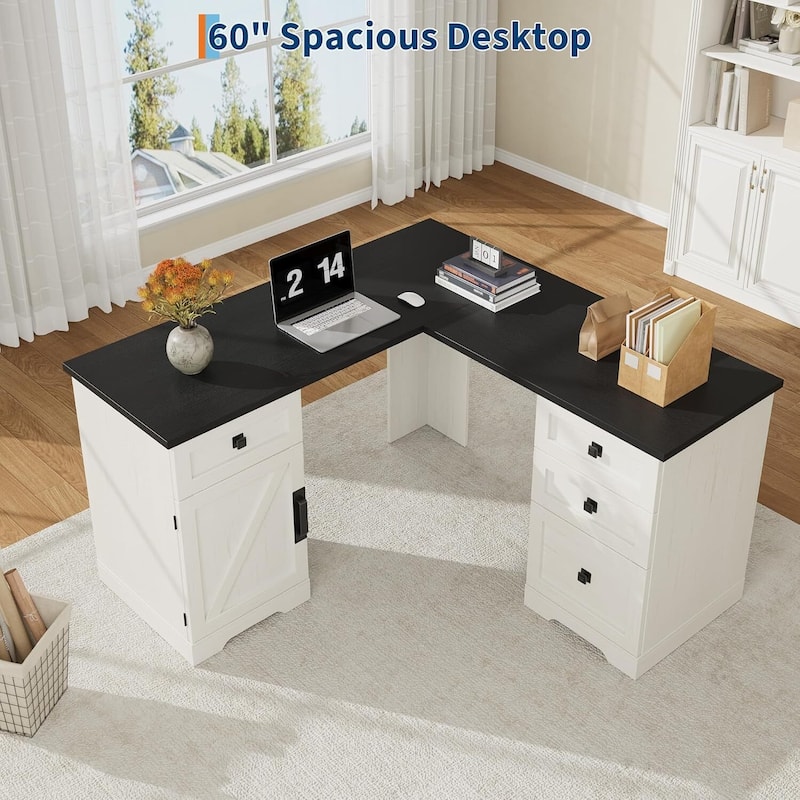 Executive L Shaped Home Office Computer Desk with File Drawers
