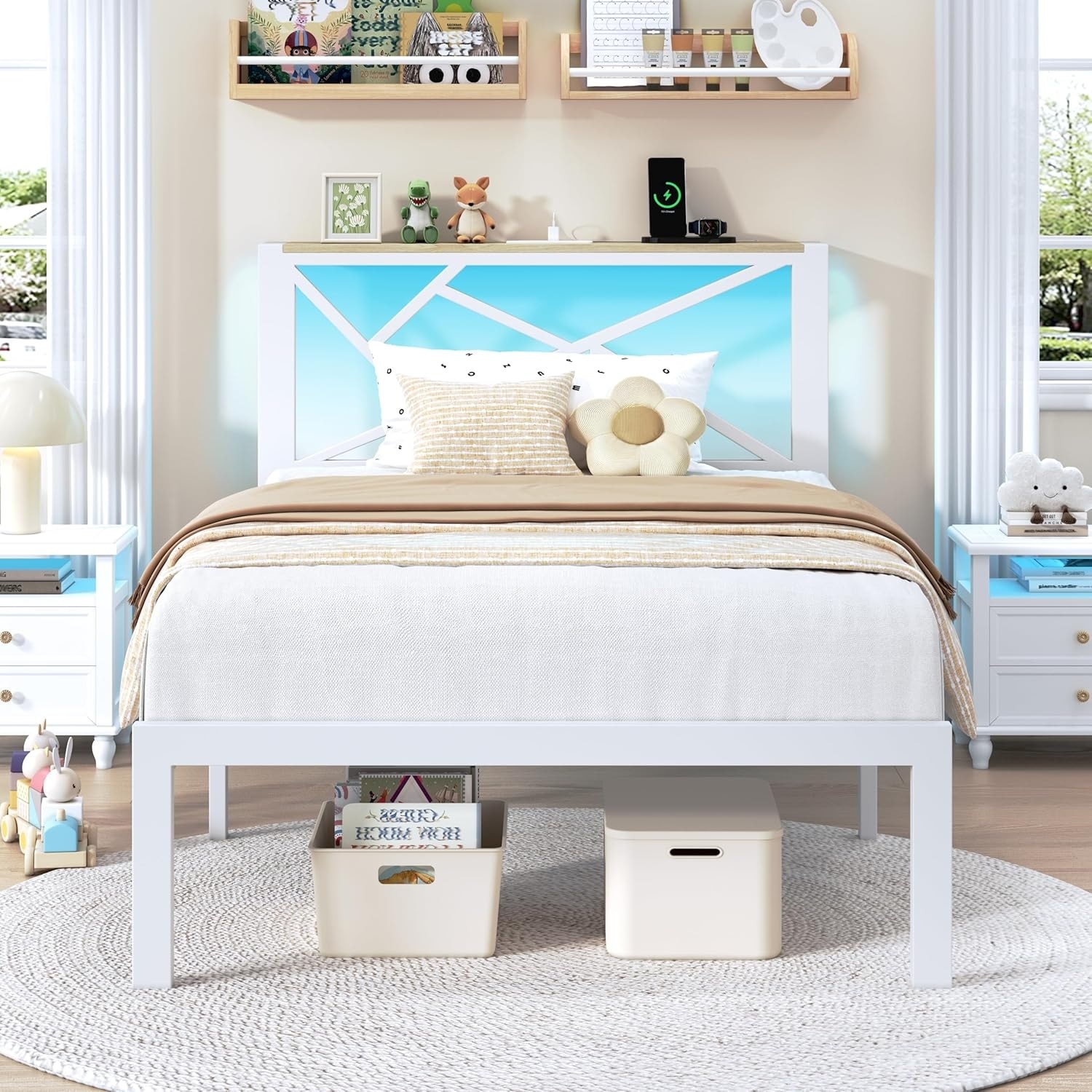 Twin Size LED Bed Frame with Storage Headboard, Charging Station, Noise-Free, Easy Assembly, White