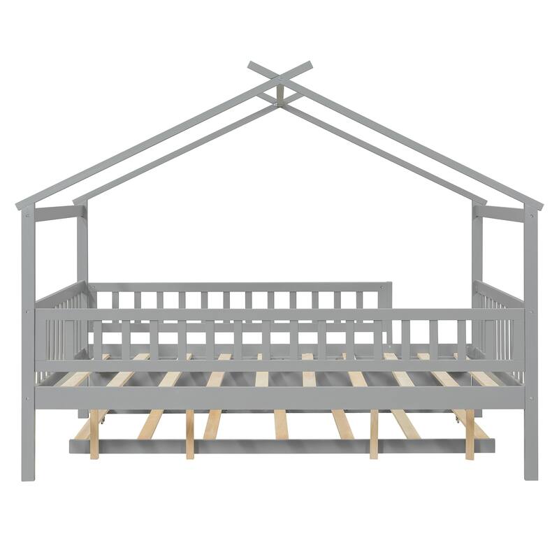 Roomfitters Full Size Wooden House Bed with Twin Trundle and Roof Frame Pine