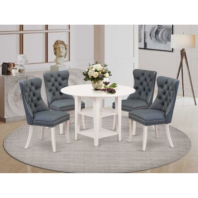5-Piece Linen White Finish Solid Wood Top - Round Dining Room Set - Seats 4