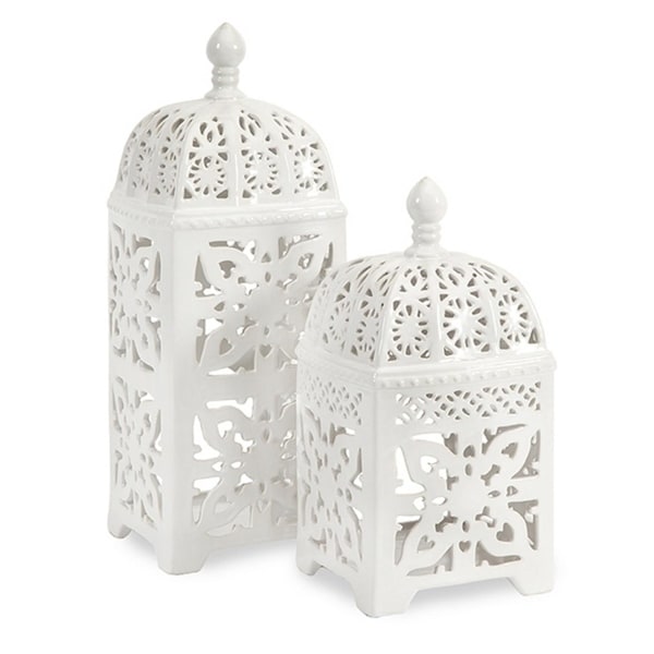 Set of 2 Crisp White Intricate Cutwork Ceramic Pillar Candle Lanterns - N/A