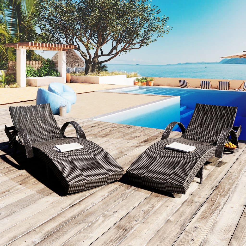 2-piece Outdoor Wicker Chaise Lounge Chairs Set with Pull-out Side Table, Patio Pool Adjustable Reclining Sun Lounger