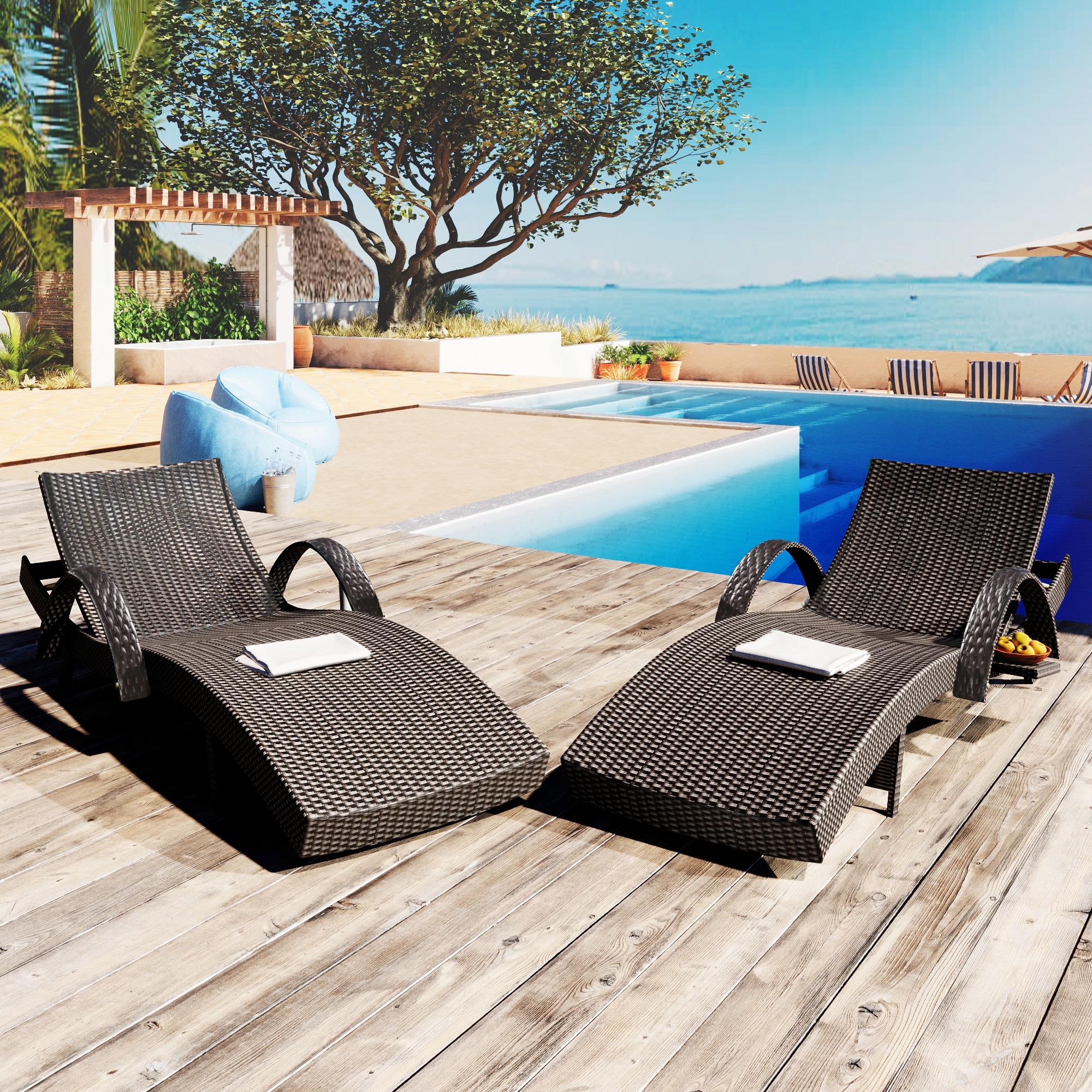 2-piece Outdoor Wicker Chaise Lounge Chairs Set with Pull-out Side Table, Patio Pool Adjustable Reclining Sun Lounger