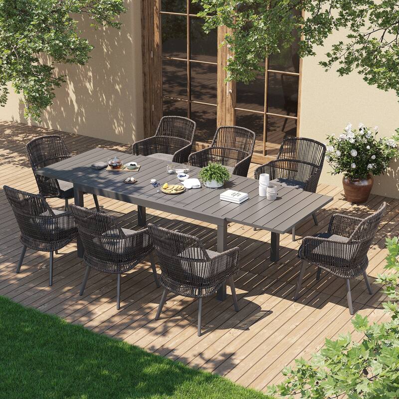 Outdoor Patio Dining Sets with PE Wicker Chairs and Extendable Aluminum Dining Table for 8 Persons