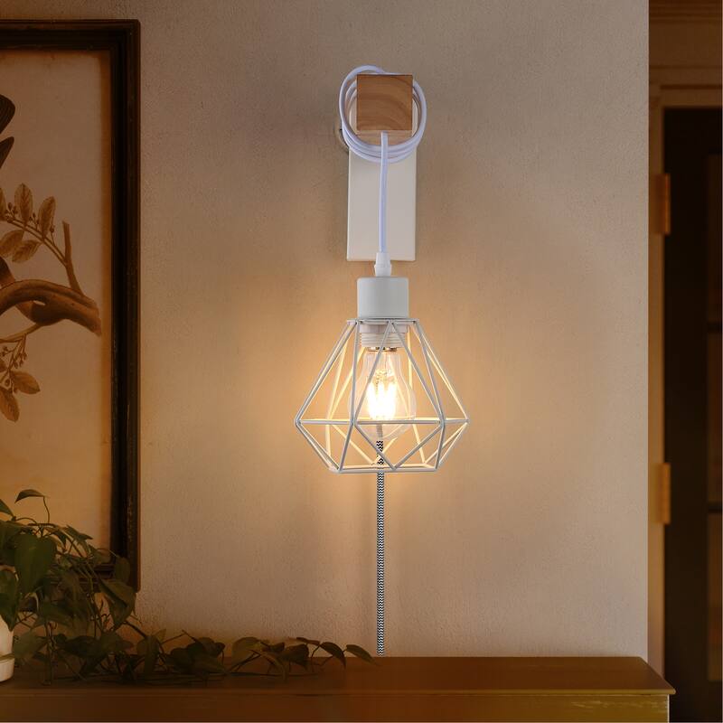 Modern Plug in Wire Wood Cage Black Wall Lamp- Industrial Rustic Retro Pendant Lamp With Adjustable Hanging Wall Lights Fixture