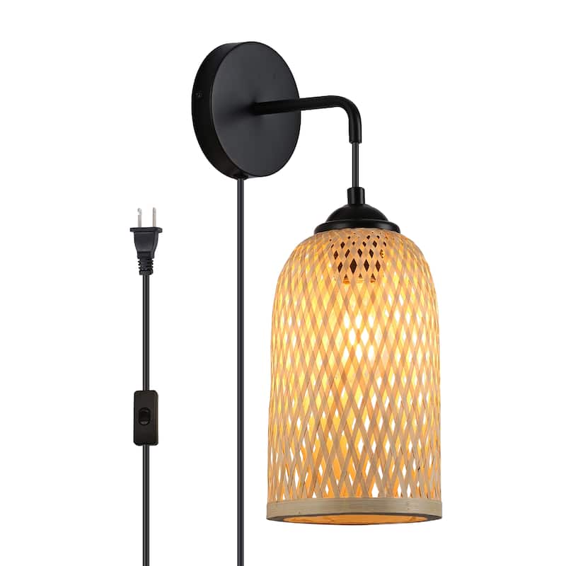 Modern Wicker Plug in Bamboo Wall Light Fixture with Switch - Basket Rattan Lampshade Chandelier Wall Lamp forLiving Room - 15*5.51