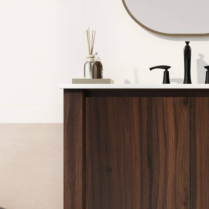 Bathroom Vanity with Ceramic Sink, Bathroom Cabinet with Soft-Closing Doors, Freestanding Cabinet with Open Shelf