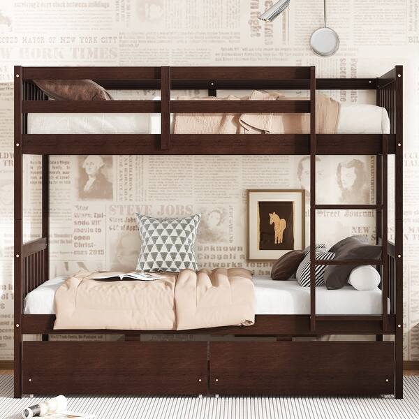 slide 2 of 33, Twin Over Twin Rubber Wood Bunk Bed with 2 Drawers, Convertible into 2 Twin Beds Espresso