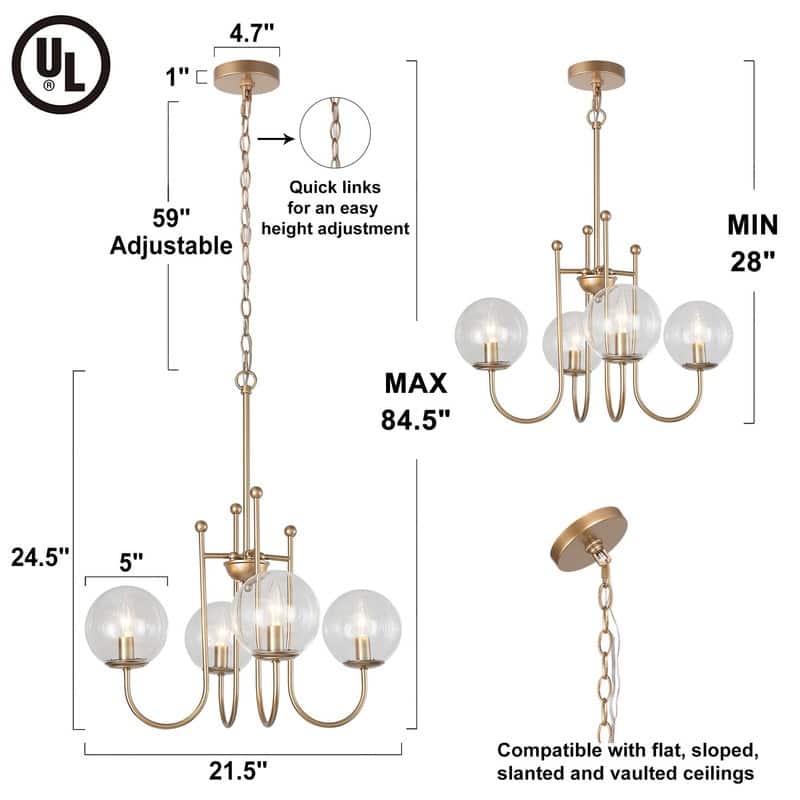 Modern Gold 4-light Chandelier Orb Glass Curve-arm Ceiling Lights for Dining Room - D21.5'' x H84.5''