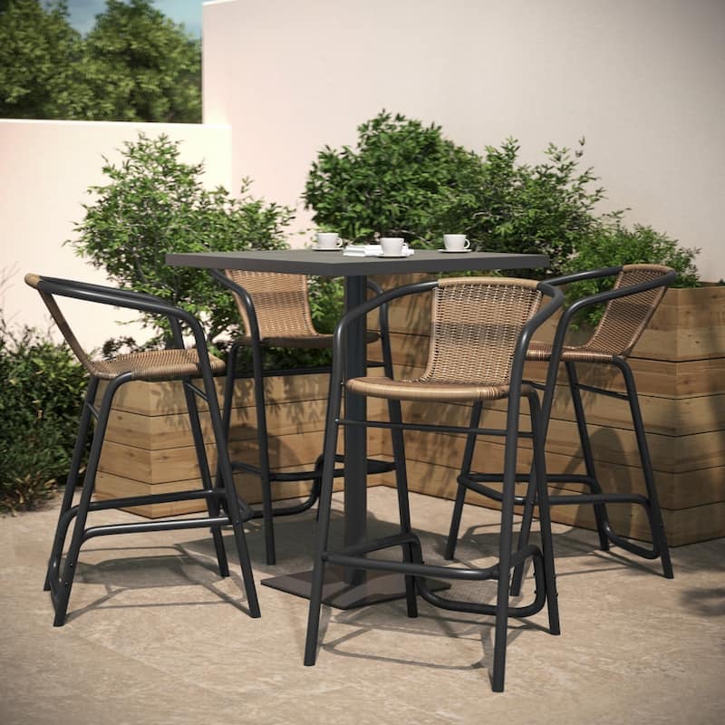 Commercial Indoor-Outdoor Rattan Restaurant Barstool with Aluminum Frame-Set of 4 - Medium Brown
