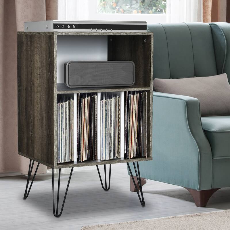 Freestanding Record Player Stand with Storage and Metal Legs