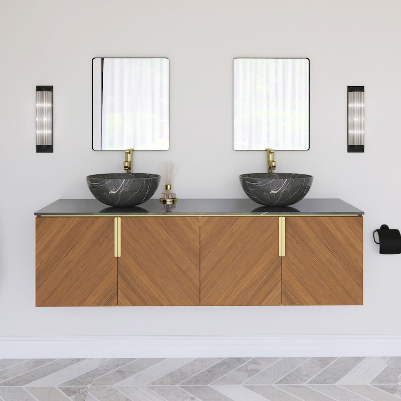 Wall-Mounted Bathroom Vanity with Stone White Ceramic Sink - 59.84'' x 19.69'' x 20.9'' - Brown Oak and White