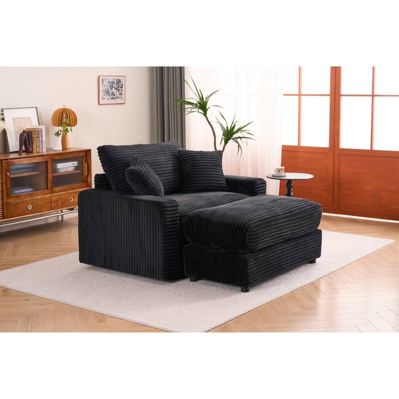 Single Sofa Chair with Removable Ottoman, Comfy Sleeper Chair in Black Corduroy