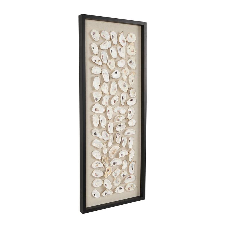 Cream Shell Handmade Abstract Shell Wall Decor with Beige Linen Backing and Black Frame