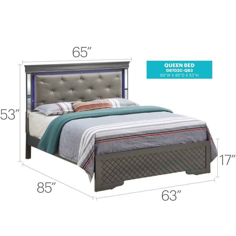 Queen Bed with Metalic Black Finish, LED Headboard, and Leather Upholstery