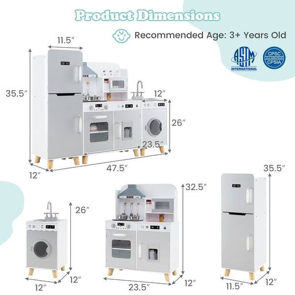 Kids 3 in 1 Kitchen Playset with Refrigerator Kitchen Set and Washing Machine - 47.5" x 12" x 35.5"