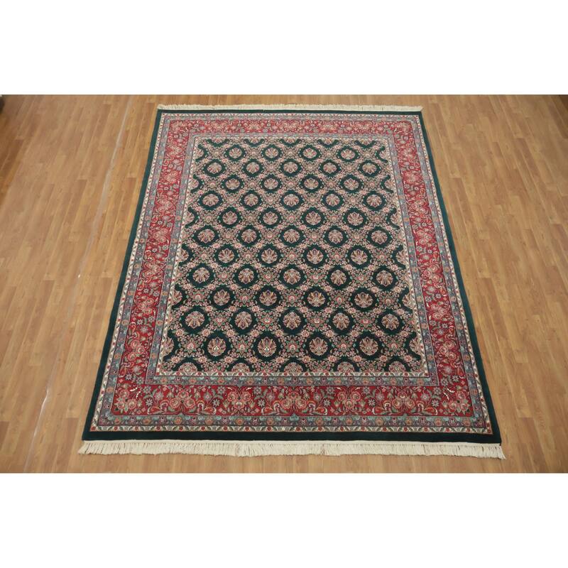 Hand Knotted Oriental 100% Wool Carpet Traditional All-Over Green Kashan Area Rug - 9' 11'' X 7' 11''