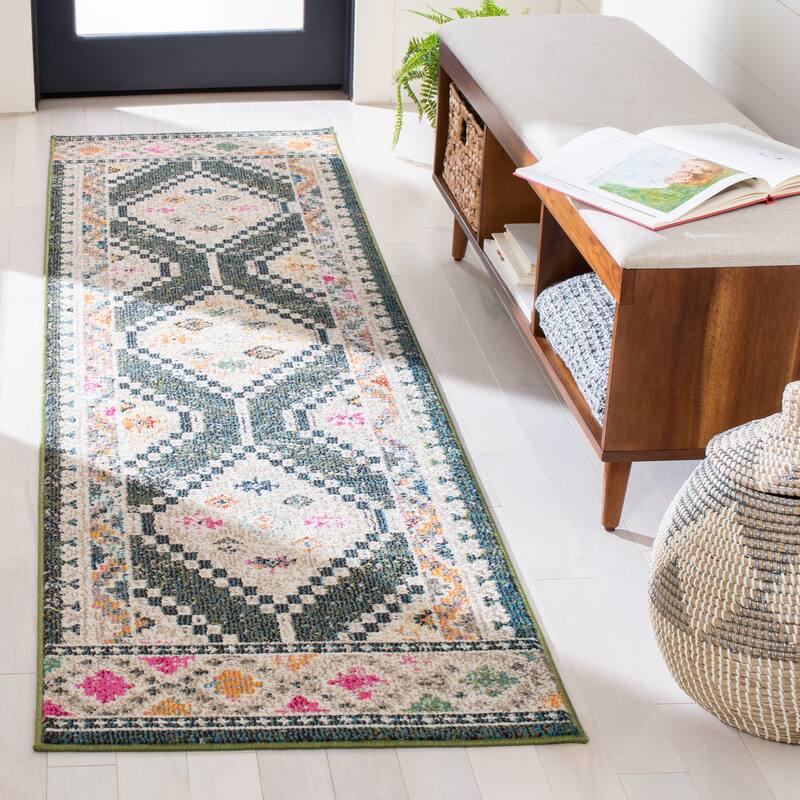 SAFAVIEH Madison Janell Boho Chic Rug - 2' x 8' Runner - Dark Green/Beige