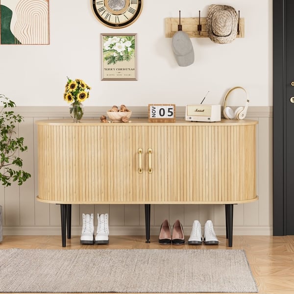 slide 2 of 16, VEIKOUS Buffet Cabinet with Anti-Tipping Design, Sturdy MDF Storage Sideboard with Curved Profile, Ample Space & Sliding Doors natural wood