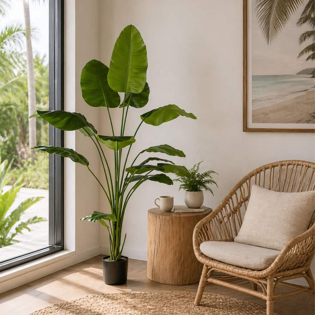 Isla 7-Foot Faux Bird of Paradise Plant in Black Pot - Artificial Tropical Banana Leaf Indoor Décor