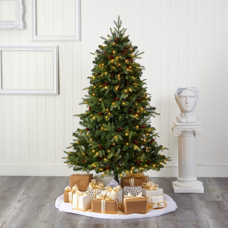 6Ft Pre-Lit Christmas Tree - Wellington Spruce Look with 300 Clear Lights & Pine Cones - Festive Holiday Decor - Green - 72