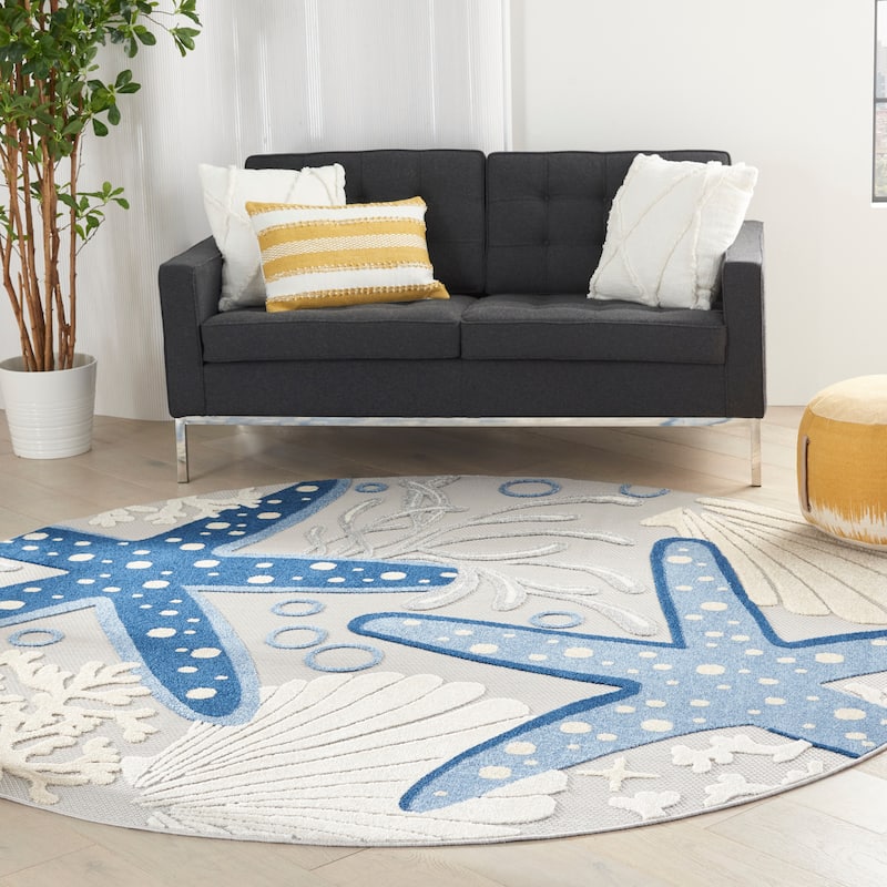 Nourison Aloha Coastal Starfish Indoor/Outdoor Area Rug - 7'10" Round - Blue/Grey