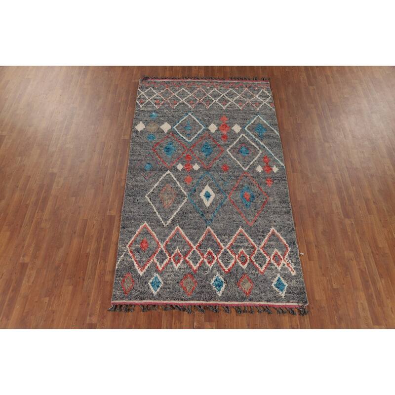 Grey Moroccan Area Rug Hand-Knotted Wool Carpet - 5'4" x 9'6"