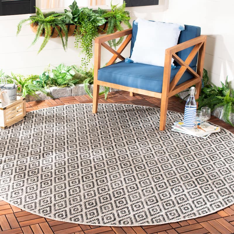 SAFAVIEH Courtyard Anne-Ly Indoor/ Outdoor Waterproof Patio Backyard Rug - 6'7" Round - Beige/Black