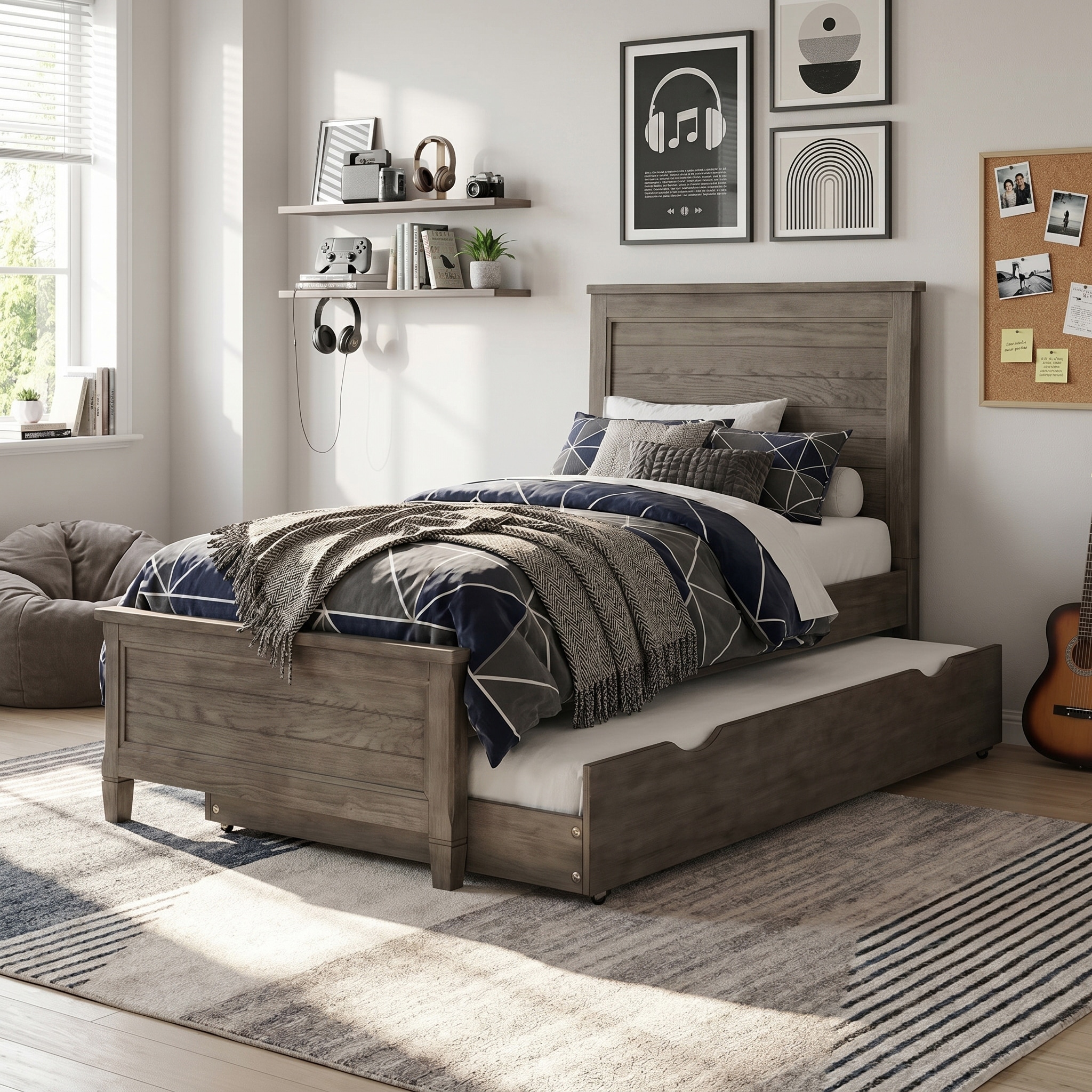 Furniture of America Lanister Wood Wire-Brushed Warm Grey Kids Panel Bed with Trundle