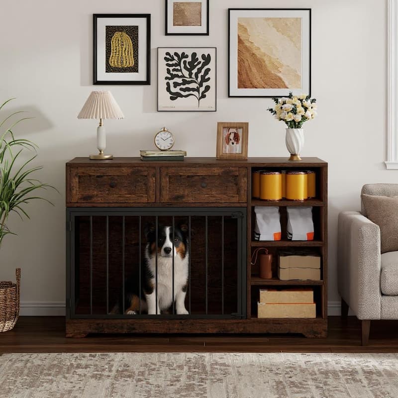 Dog Crate Furniture, with 2 Drawers and 4 Shelves, 47" - Brown