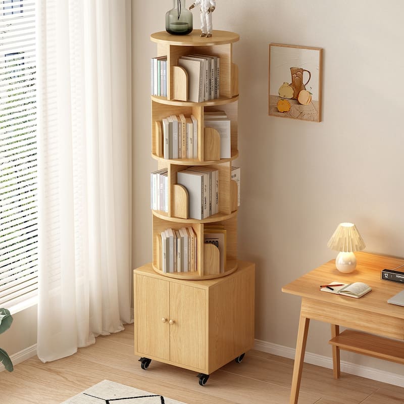 Anmytek 360 Rotating Corner Bookshelf with Wheels Space Saving Storage for Small Rooms