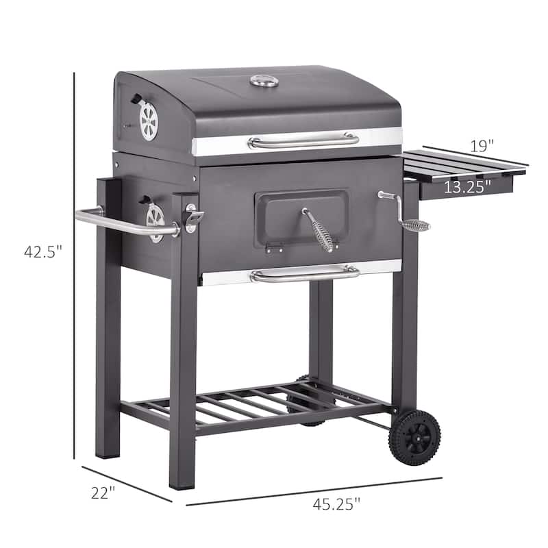 Outsunny Charcoal BBQ Grill Outdoor Portable Trolley Camping Picnic Backyard with Side Shelf Grey - 45.25"L x 22"W x 42.5"H
