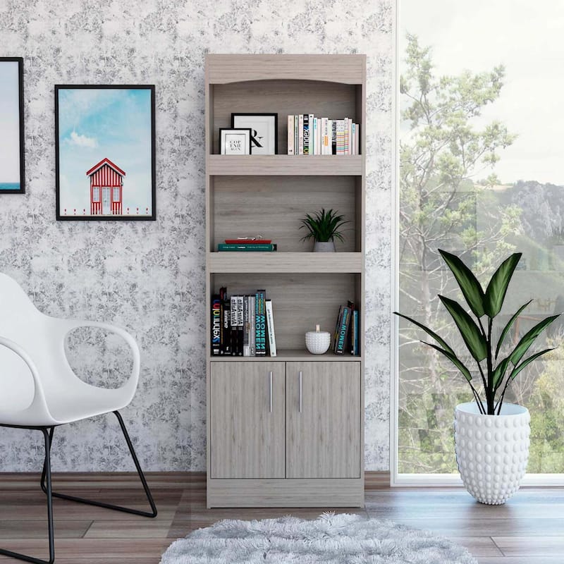 71 Inch Modern 3 Tier Wood Bookcase with 2 Doors Vertical Shelving Unit for Living Room Storage - 70.8”H x 24.8”W x 10.3”D