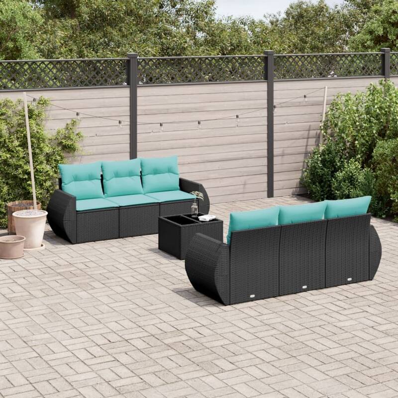vidaXL 7 Piece Patio Sofa Set with Cushions Black Poly Rattan - 27.6 x 24.4 x 27.2