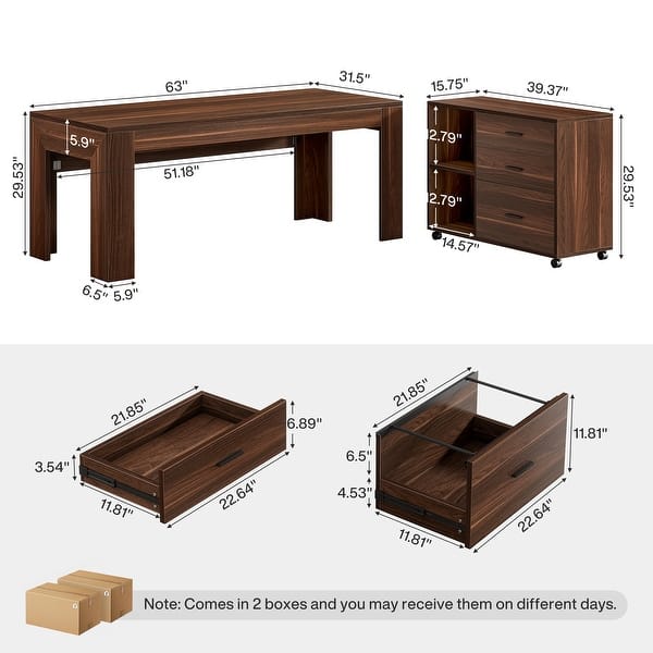 dimension image slide 1 of 3, 63" L Shaped Executive Office Desk with Mobile Lateral File Cabinet