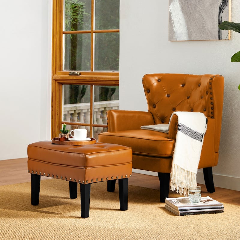 Glitzhome 22"W Mid-century PU Leather Tufted Ottoman Foot Stool