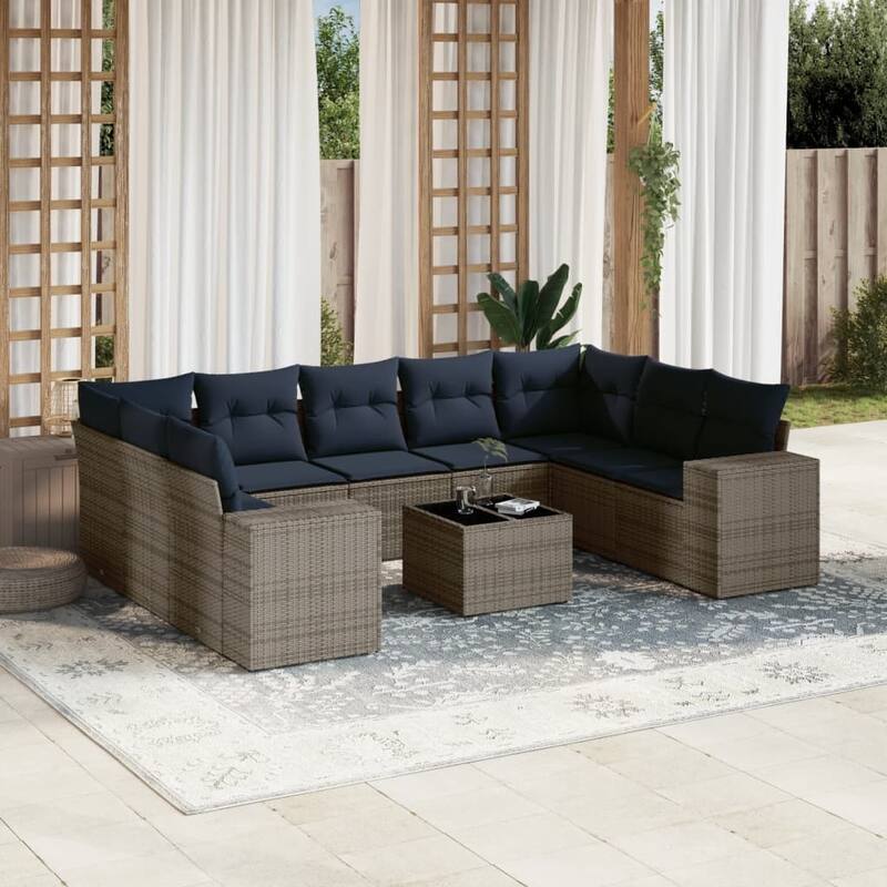 vidaXL 9/10 Piece Patio Sofa Set with Cushions Black/Brown/Gray Poly Rattan - 24.4 x 24.4 x 27.2