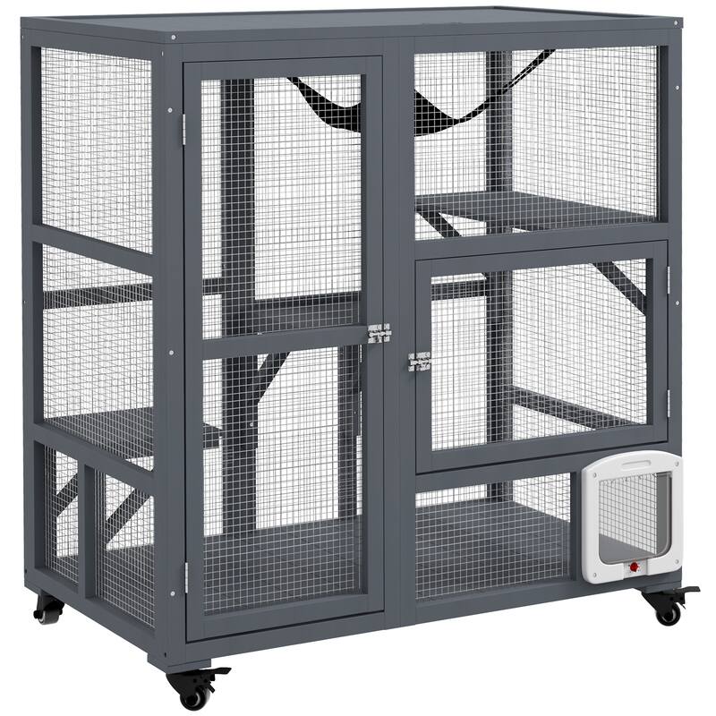 PawHut Cat House, Indoor Cat Enclosure on Wheels, Wooden Kitty Cage with Cat Flap Door - Gray - Gray