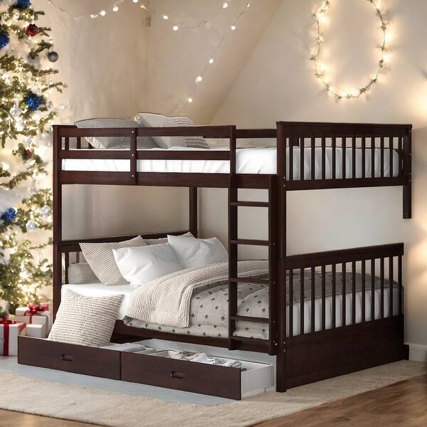 slide 2 of 14, Modren Full over Full Wood Bunk Bed With Ladders and Two Storage Drawers,Solid Construction For Bedroom Espresso