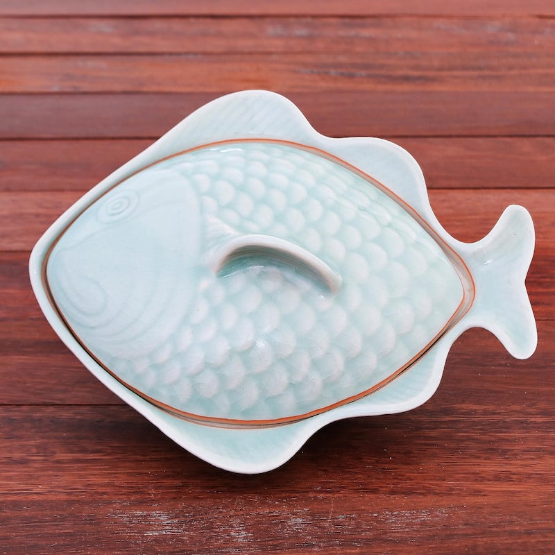 Novica Handmade Fish Dish In Aqua Celadon Ceramic Lidded Bowl