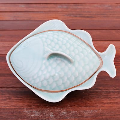 Novica Handmade Fish Dish In Aqua Celadon Ceramic Lidded Bowl