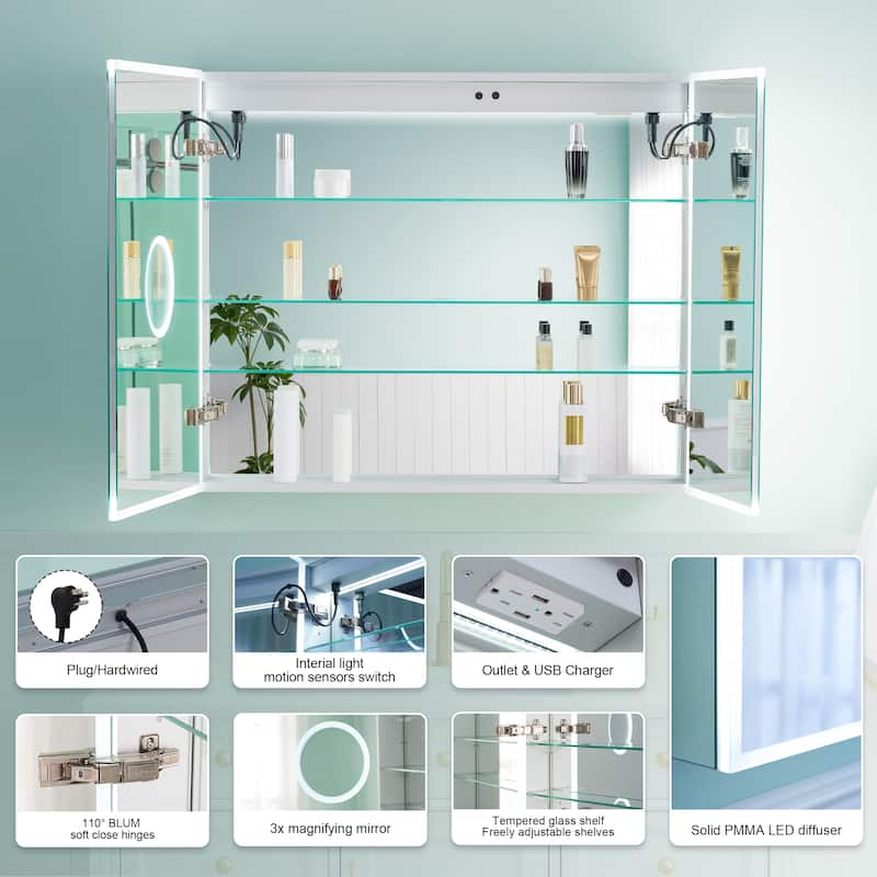 30'' H Recessed or Surface Frameless LED Mirror Cabinet With Defogger, Dimmer, Outlets & USB Ports 