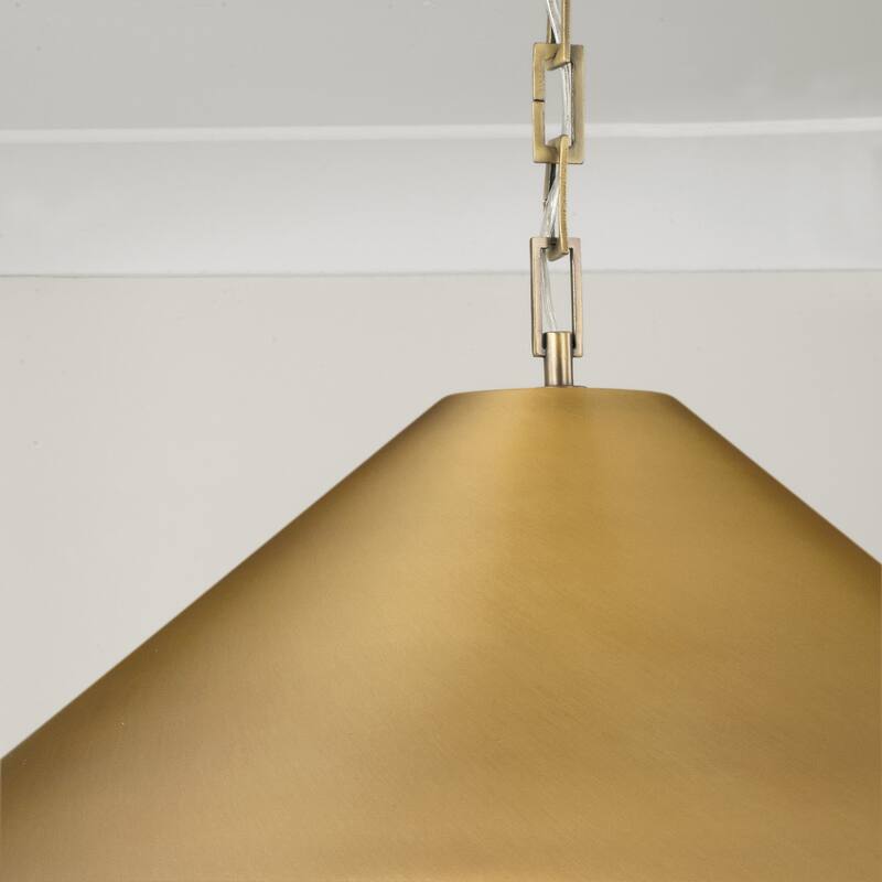 1-Light Metal Cone Pendant in Aged Brass with Painted Brass Interior and Rectangular Designer Chain