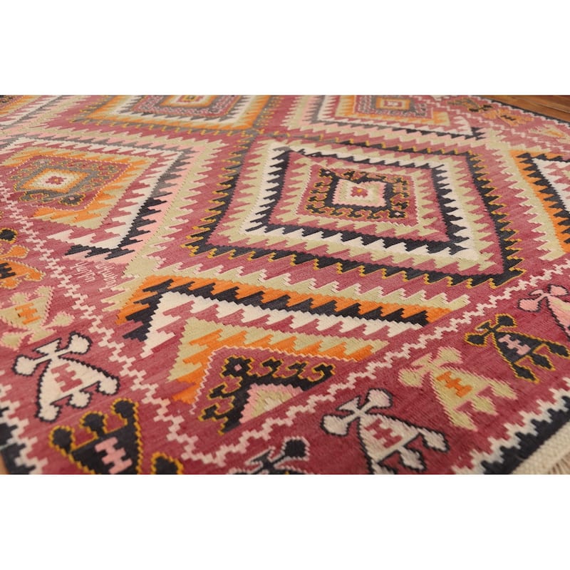 100% Pink Geometric Kilim Persian Vintage Area Rug Wool Carpet - 5'5"x 9'2"