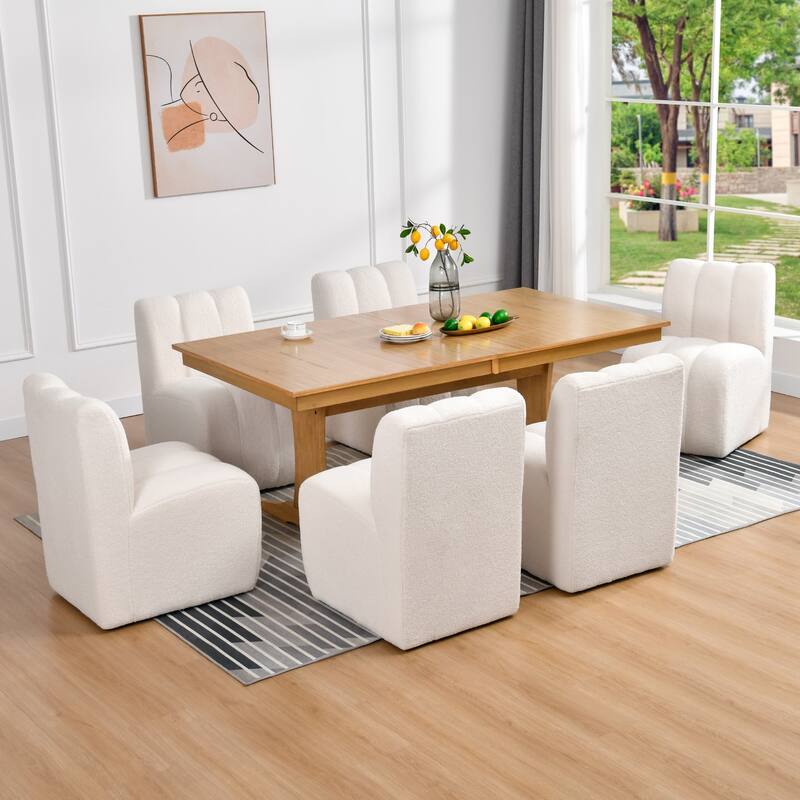 Modern 20" W Faux Sheepskin Upholstered Rolling Side Chair With Casters - Set of 6 - Beige